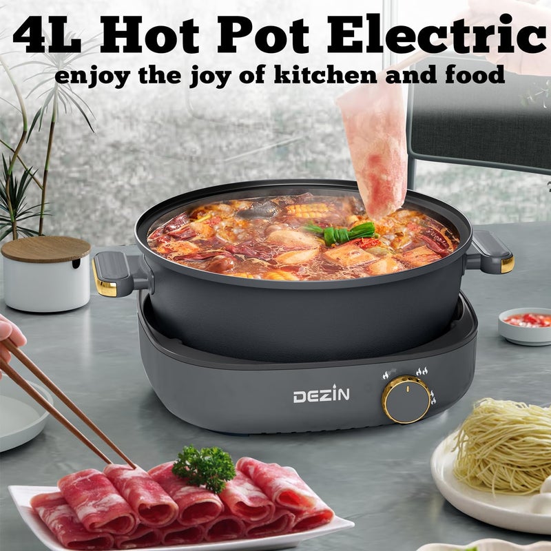 DEZIN Electric Shabu Shabu Pot with Removable Pot, 4L Non-Stick Hot Pot Electric with Dual-Power Control, Electric Pot with Tempered Glass Lid for Party, Family and Friend Gathering - Image 2